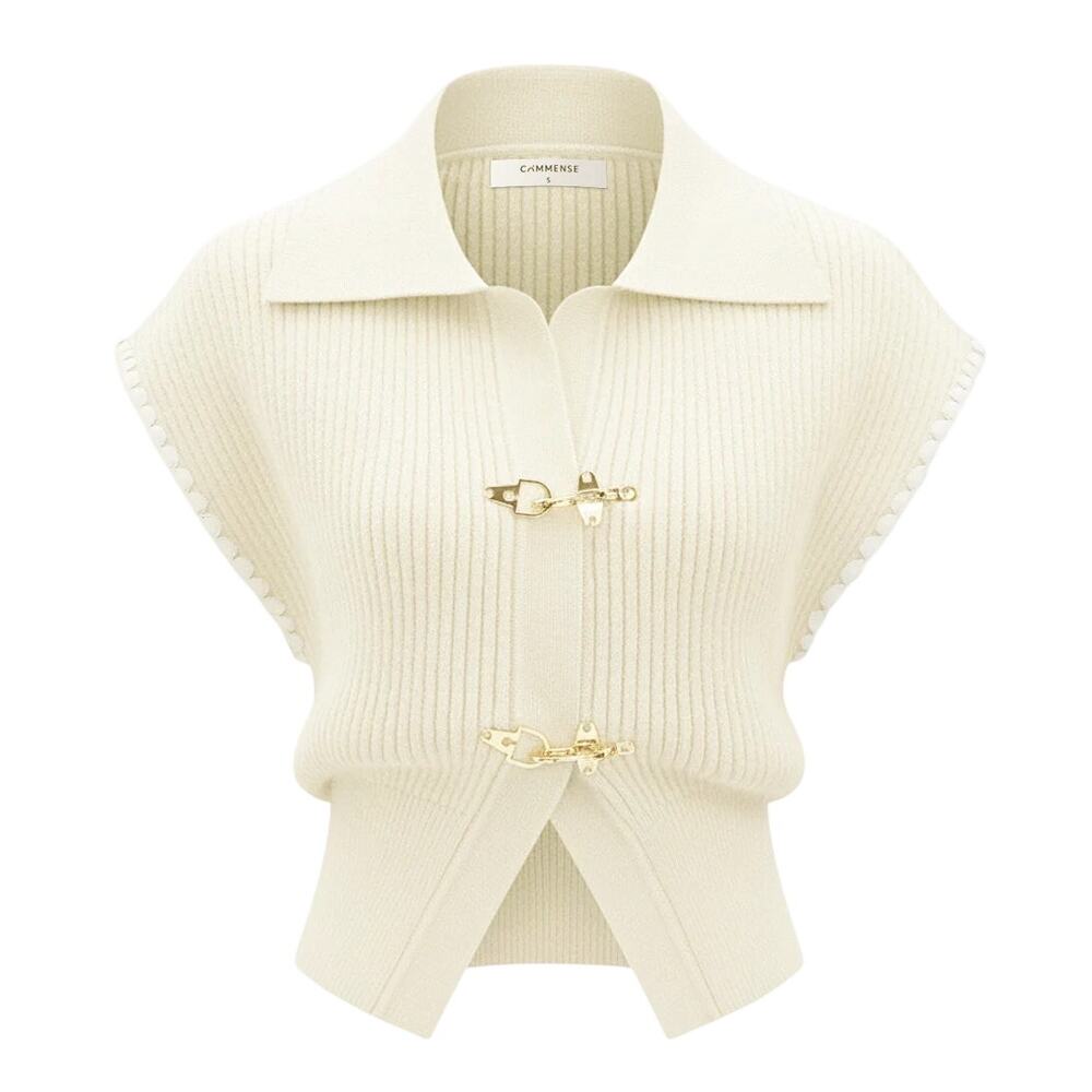 Commense Metal Clasp Contrast Trim Collared Knit Vest Cream Women's Size Large
